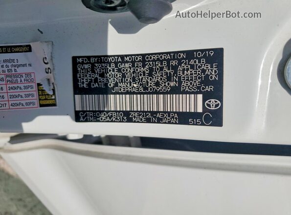 JTDEPRAE8LJ079559 2020 TOYOTA COROLLA White VIN sticker view