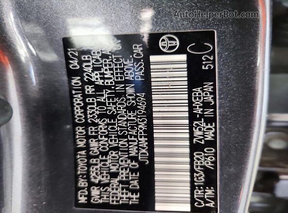 JTDKAMFP9M3194694 2021 TOYOTA PRIUS Gray VIN կոդի պիտակի տեսք