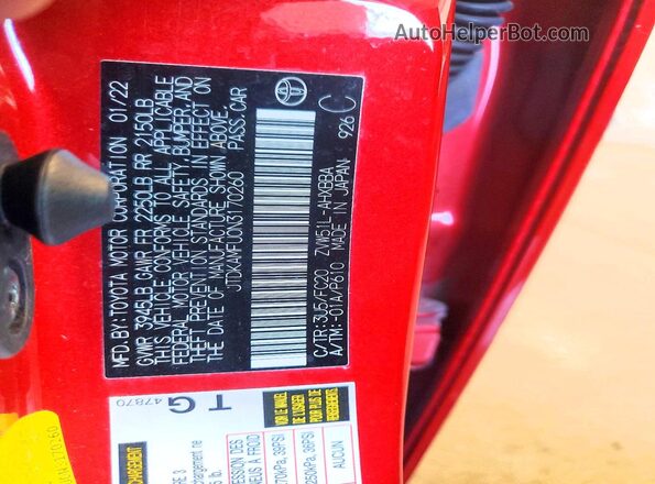 JTDKAMFU0N3170260 2022 TOYOTA PRIUS Red Вид наклейки з VIN-кодом