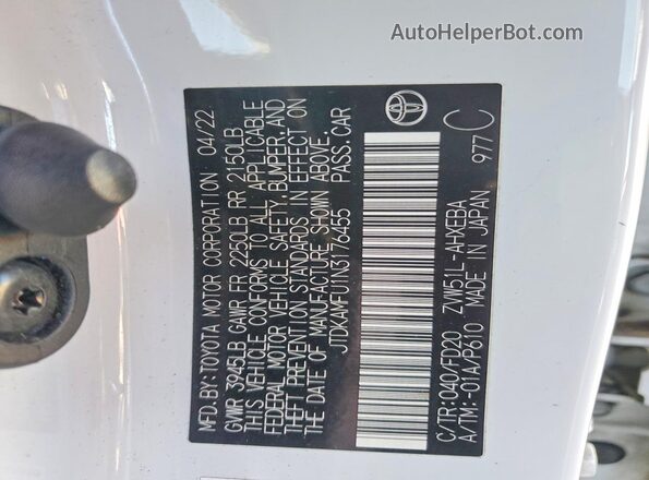 JTDKAMFU1N3176455 2022 TOYOTA PRIUS White Вид наклейки з VIN-кодом