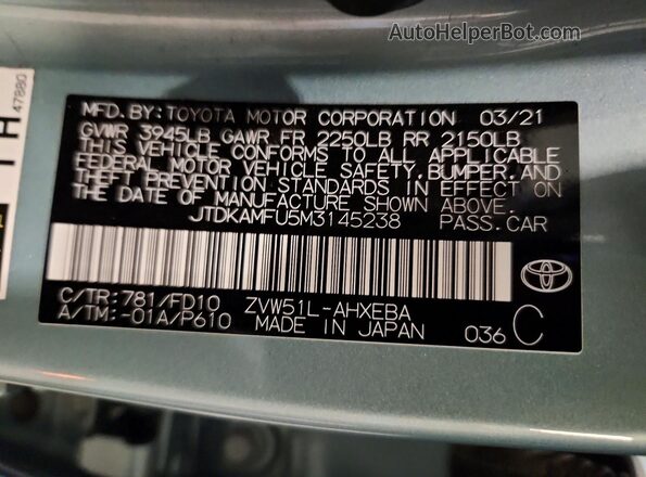 JTDKAMFU5M3145238 2021 TOYOTA PRIUS Blue VIN կոդի պիտակի տեսք