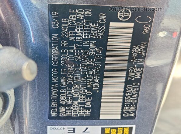 JTDKARFP7K3115145 2019 TOYOTA PRIUS Gray Вид наклейки з VIN-кодом