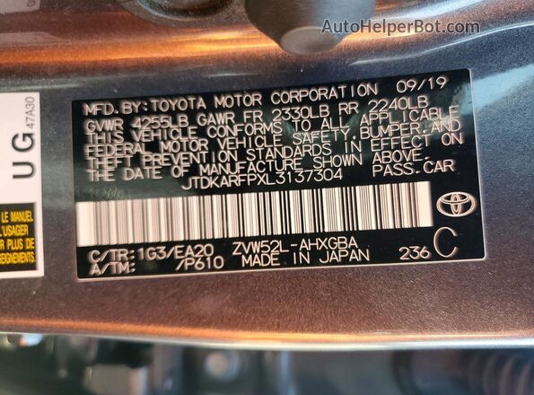 JTDKARFPXL3137304 2020 TOYOTA PRIUS Charcoal Շարժիչի բաժամունքի տեսք