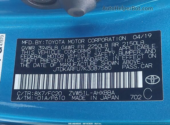 JTDKARFU7K3087580 2019 TOYOTA PRIUS Blue Engine compartment view