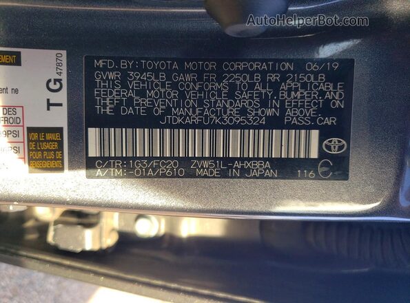 JTDKARFU7K3095324 2019 TOYOTA PRIUS Gray Vista de la etiqueta del VIN