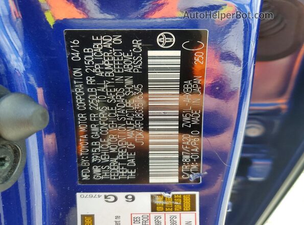 JTDKARFU8G3516345 2016 TOYOTA PRIUS Blue სალონის 360-გრადუსიანი ხედი