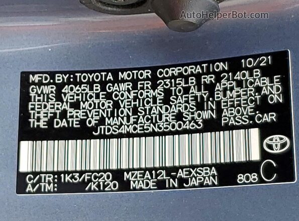 JTDS4MCE5N3500463 2022 TOYOTA COROLLA Blue Widok naklejki z numerem VIN