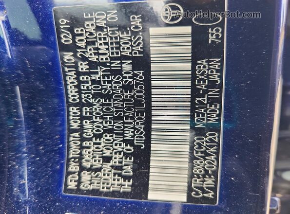 JTDS4RCE1LJ005764 2020 TOYOTA COROLLA Blue VIN կոդի պիտակի տեսք