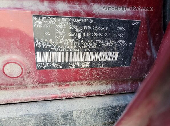 JTEAAAAH0MJ025844 2021 TOYOTA VENZA Red Widok naklejki z numerem VIN