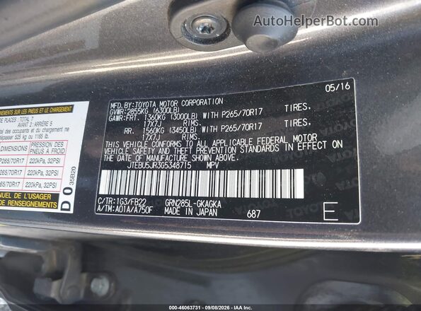 JTEBU5JR3G5348715 2016 TOYOTA 4RUNNER Gray Vista del compartimento del motor