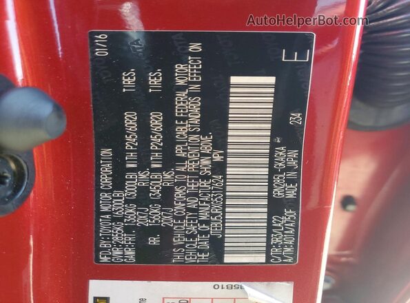 JTEBU5JRXG5317624 2016 TOYOTA 4RUNNER Red Вид наклейки з VIN-кодом