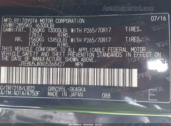 JTEBU5JRXG5368427 2016 TOYOTA 4RUNNER Black Engine compartment view