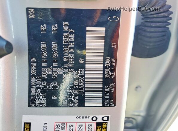 JTEEU5JR3R5311373 2024 TOYOTA 4RUNNER Silver Widok naklejki z numerem VIN