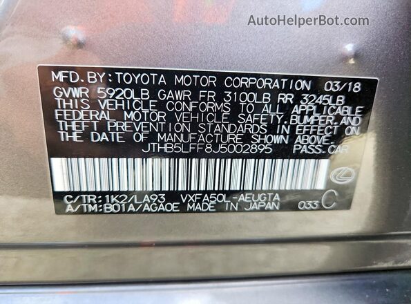 JTHB5LFF8J5002895 2018 LEXUS LS Gray VIN կոդի պիտակի տեսք