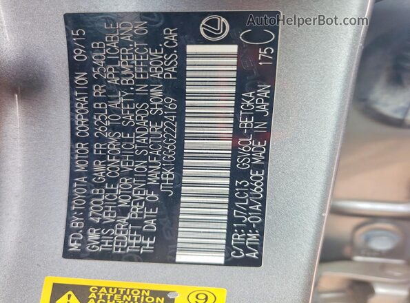 JTHBK1GG6G2224169 2016 LEXUS ES Silver Widok naklejki z numerem VIN