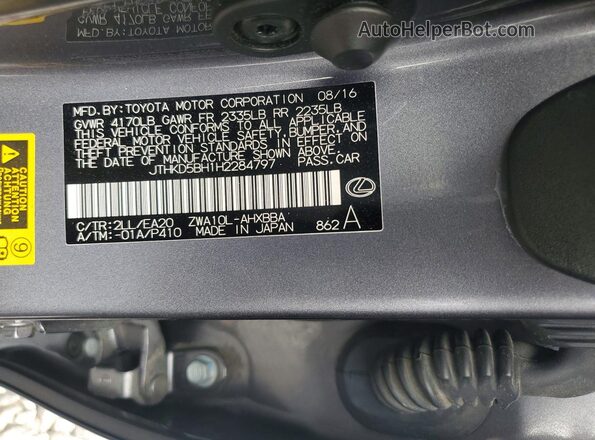 JTHKD5BH1H2284797 2017 LEXUS CT Gray Vista de la etiqueta del VIN