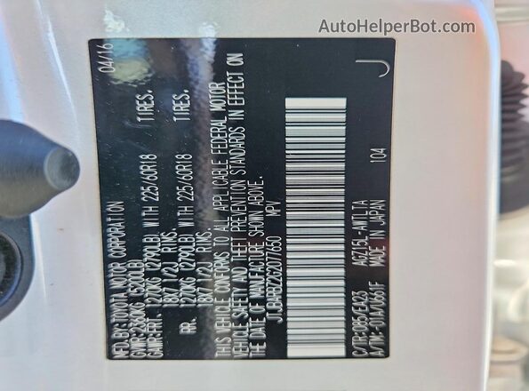 JTJBARBZ2G2077650 2016 LEXUS NX White VIN sticker view