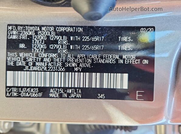 JTJDARDZ9L2231366 2020 LEXUS NX Gray Vista de la etiqueta del VIN
