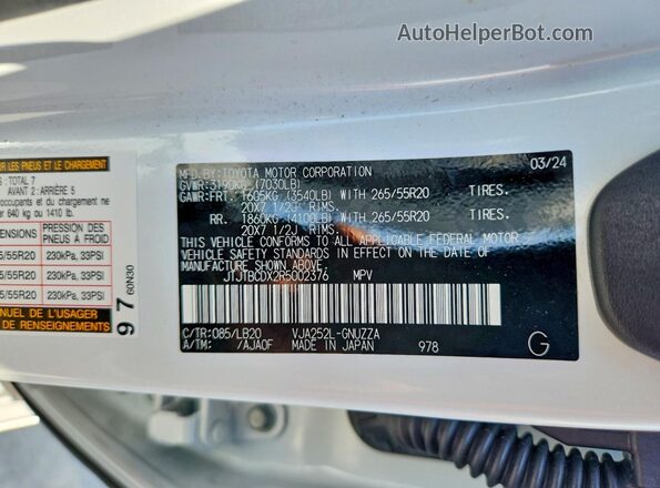 JTJTBCDX2R5002376 2024 LEXUS GX White Vista de la etiqueta del VIN