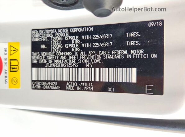 JTJYARBZ1K2135492 2019 LEXUS NX White VIN კოდის სტიკერის ხედი