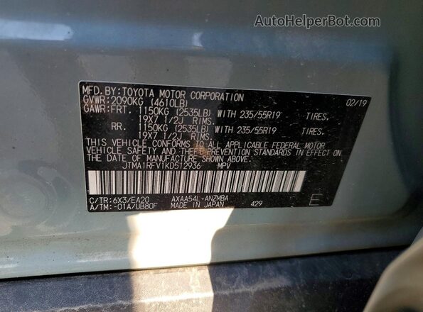 JTMA1RFV1KD512936 2019 TOYOTA RAV4 Gray VIN sticker view