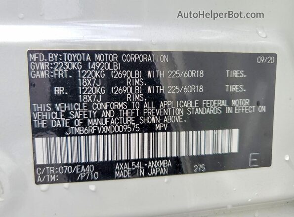 JTMB6RFVXMD009575 2021 TOYOTA RAV4 White Widok naklejki z numerem VIN