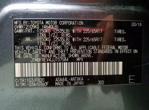 JTMBFREV4JJ737584 2018 TOYOTA RAV4 Gray VIN sticker view