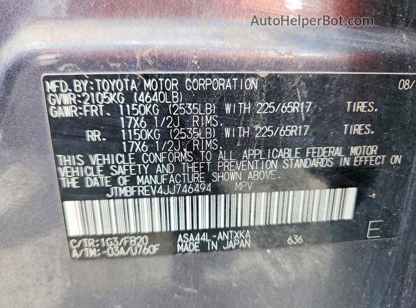 JTMBFREV4JJ746494 2018 TOYOTA RAV4 Gray VIN կոդի պիտակի տեսք
