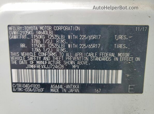 JTMBFREVXJJ724628 2018 TOYOTA RAV4 White VIN sticker view