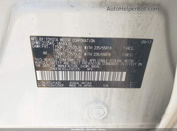 JTMDFREV0JJ185705 2018 TOYOTA RAV4 White ძრავის განყოფილების ხედი
