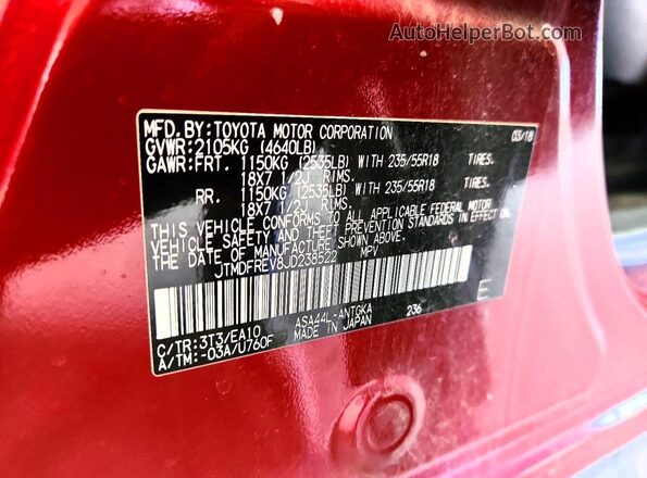 JTMDFREV8JD238522 2018 TOYOTA RAV4 Бордовый Вид наклейки с VIN-кодом