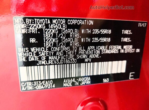 JTMDJREV3JD186330 2018 TOYOTA RAV4 Burgundy Вид наклейки з VIN-кодом