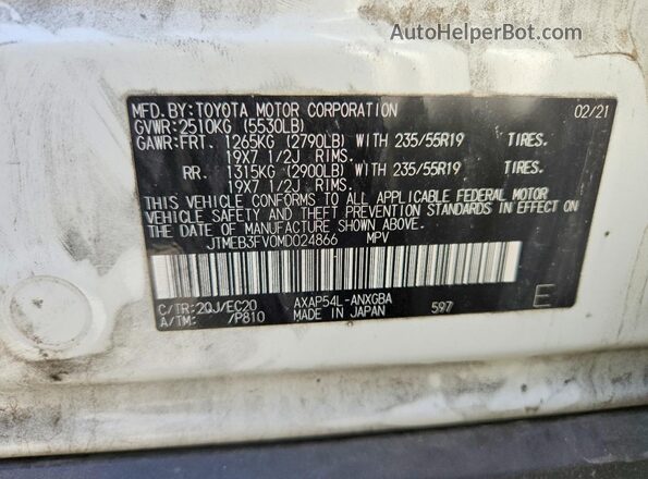 JTMEB3FV0MD024866 2021 TOYOTA RAV4 White VIN կոդի պիտակի տեսք