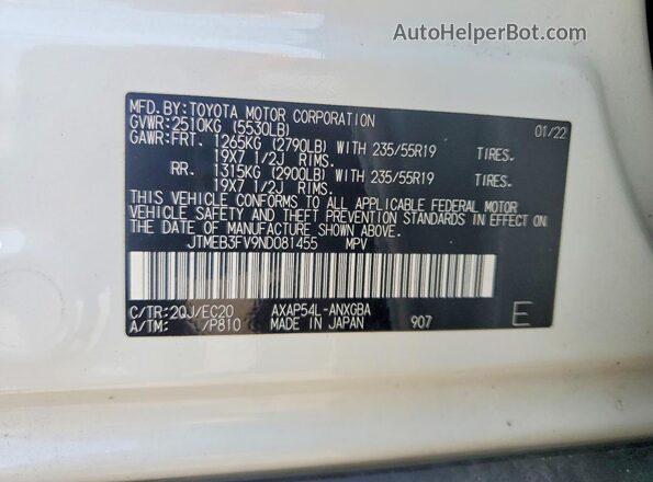 JTMEB3FV9ND081455 2022 TOYOTA RAV4 White VIN sticker view