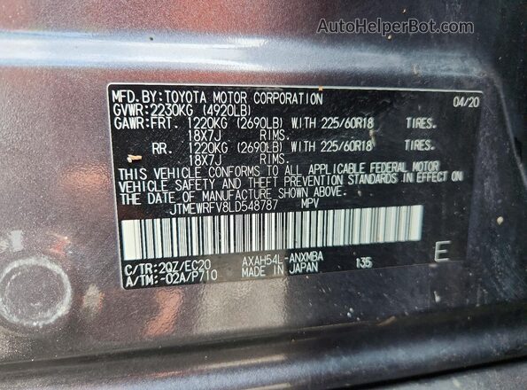 JTMEWRFV8LD548787 2020 TOYOTA RAV4 Gray Vista del compartimento del motor