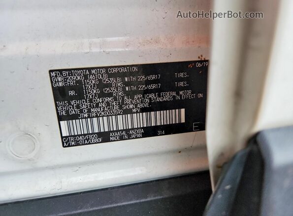 JTMF1RFV2KD033592 2019 TOYOTA RAV4 White Vista de la etiqueta del VIN