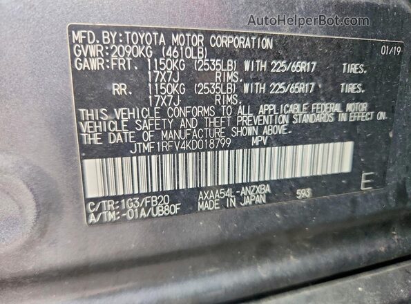 JTMF1RFV4KD018799 2019 TOYOTA RAV4 Gray Vista interior de 360 grados