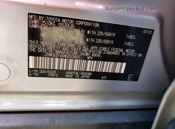 JTMFB3FV6MD053843 2021 TOYOTA RAV4 Серебряный Вид наклейки с VIN-кодом