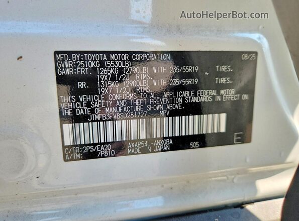 JTMFB3FV8SD281727 2025 TOYOTA RAV4 White Vista de la etiqueta del VIN