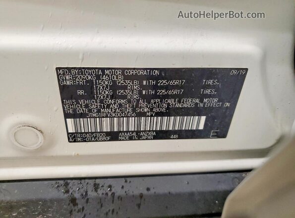 JTMG1RFV3KD047456 2019 TOYOTA RAV4 White Вид наклейки з VIN-кодом