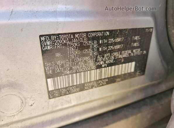JTMH1RFVXKD004740 2019 TOYOTA RAV4 Серебряный Вид наклейки с VIN-кодом