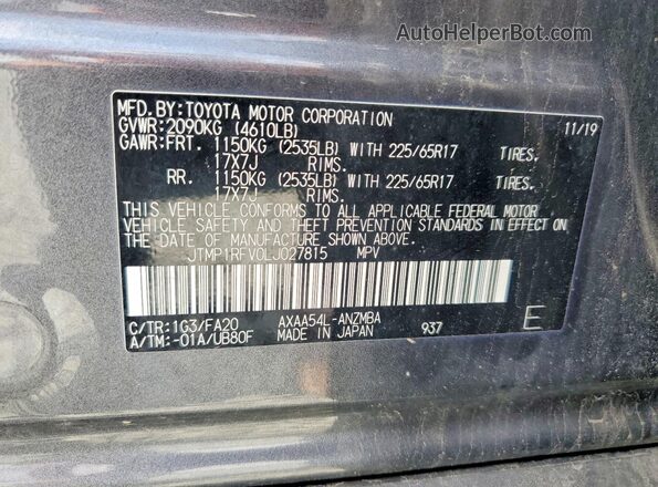 JTMP1RFV0LJ027815 2020 TOYOTA RAV4 Gray Vista de la etiqueta del VIN