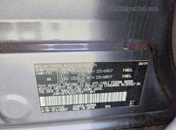 JTMP1RFV7KD027727 2019 TOYOTA RAV4 Gray VIN sticker view