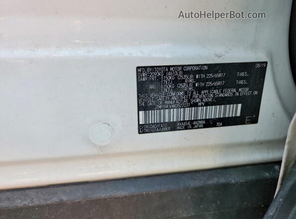JTMP1RFVXKD522231 2019 TOYOTA RAV4 White VIN კოდის სტიკერის ხედი