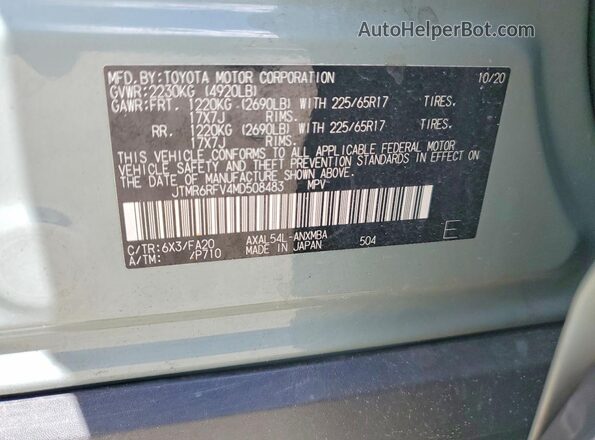 JTMR6RFV4MD508483 2021 TOYOTA RAV4 Green VIN კოდის სტიკერის ხედი