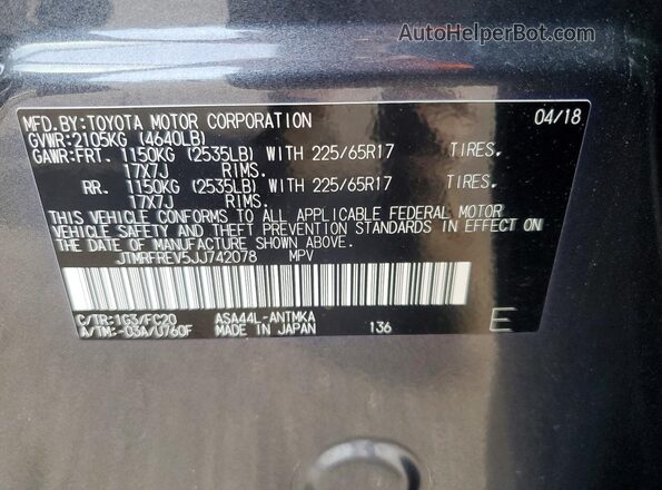 JTMRFREV5JJ742078 2018 TOYOTA RAV4 Gray Вид наклейки з VIN-кодом