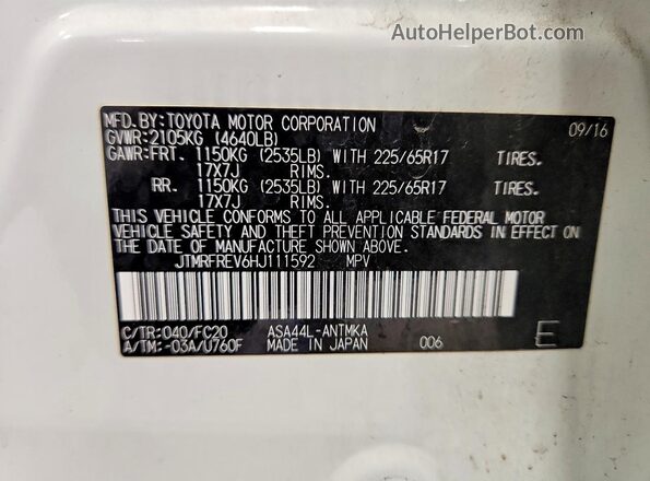 JTMRFREV6HJ111592 2017 TOYOTA RAV4 White Widok komory silnika