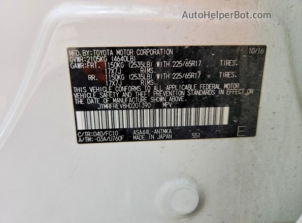 JTMRFREV8HD201390 2017 TOYOTA RAV4 White Vista de la etiqueta del VIN