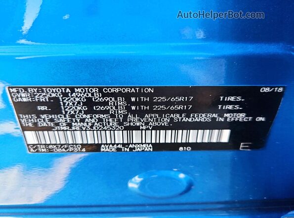 JTMRJREV3JD245320 2018 TOYOTA RAV4 Blue Widok naklejki z numerem VIN