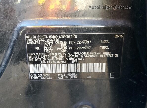 JTMRJREV7GD022464 2016 TOYOTA RAV4 Black Widok naklejki z numerem VIN